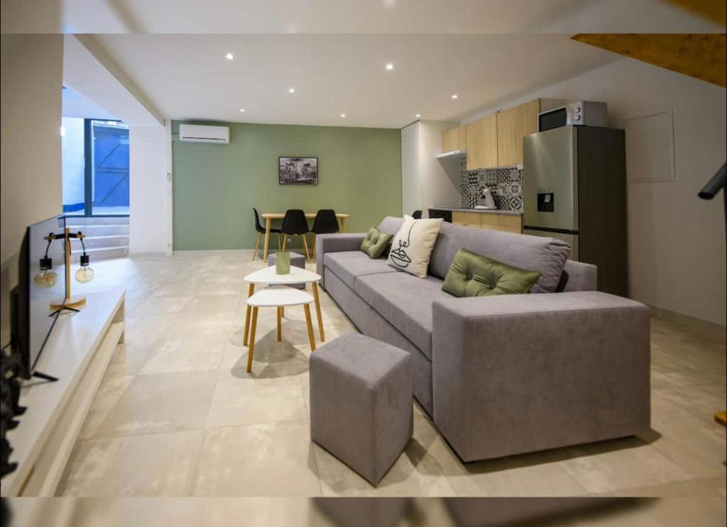 un salon avec un canapé et une cuisine dans l'établissement Le Boldieu- Duplex Béziers -allée Paul Riquet- Wifi- Tv connecté, à Béziers