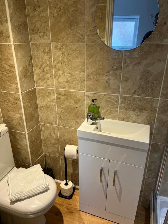ein Badezimmer mit einem Waschbecken, einem WC und einem Spiegel in der Unterkunft Most Easterly Guest House in Pakefield
