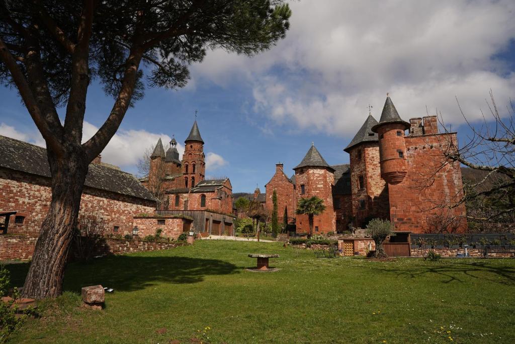 un viejo castillo con torretas y un árbol en un campo en Château de Vassinhac chambres d'hôtes Collonges la rouge en Collonges