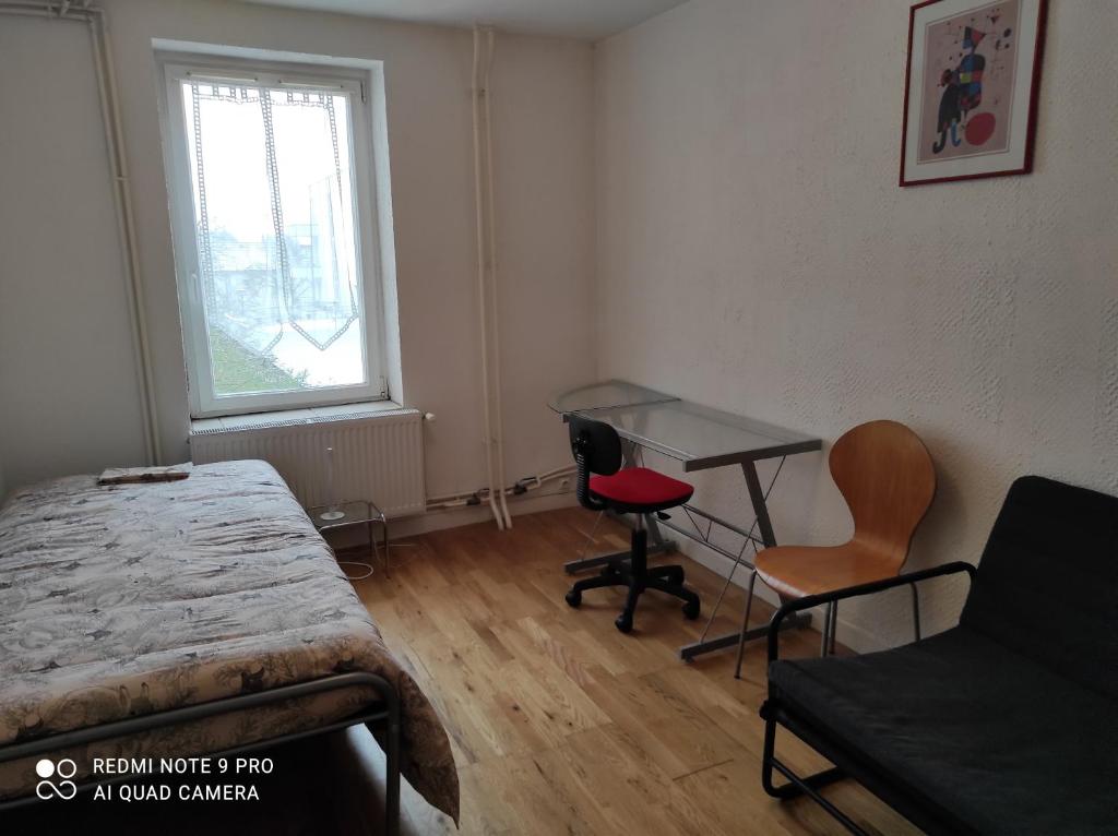 une chambre avec un lit, un bureau et une fenêtre dans l'établissement Superbe studio dans quartier calme, à Nancy