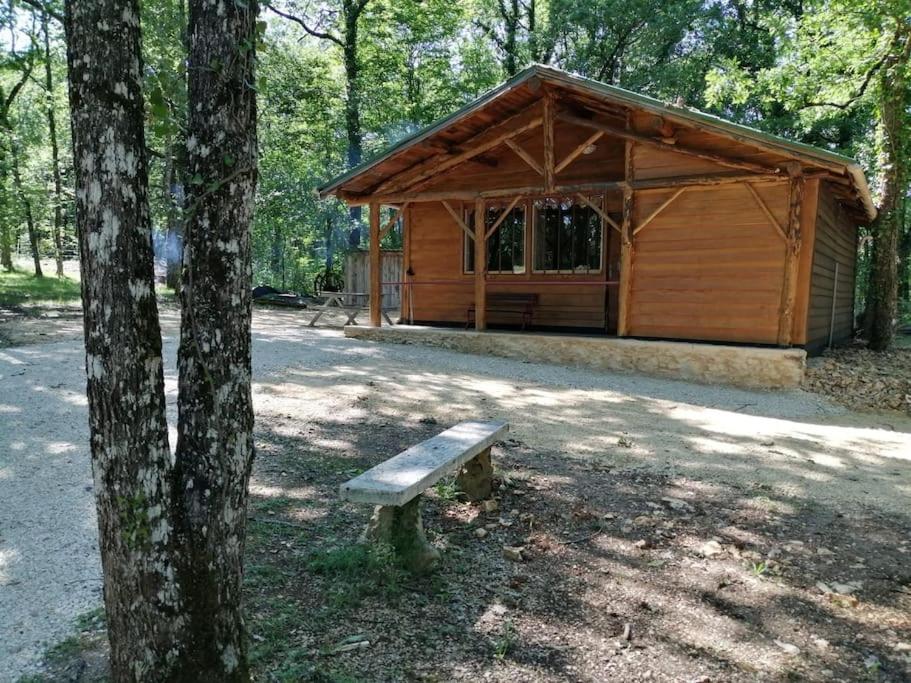 Cabaña de madera con banco junto a un árbol en Gite Truffière de La Garrigue, Cubjac, Dordogne, en Cubjac