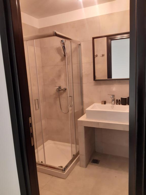 y baño con ducha y lavamanos. en Evita's Luxury Apartments, en Atenas