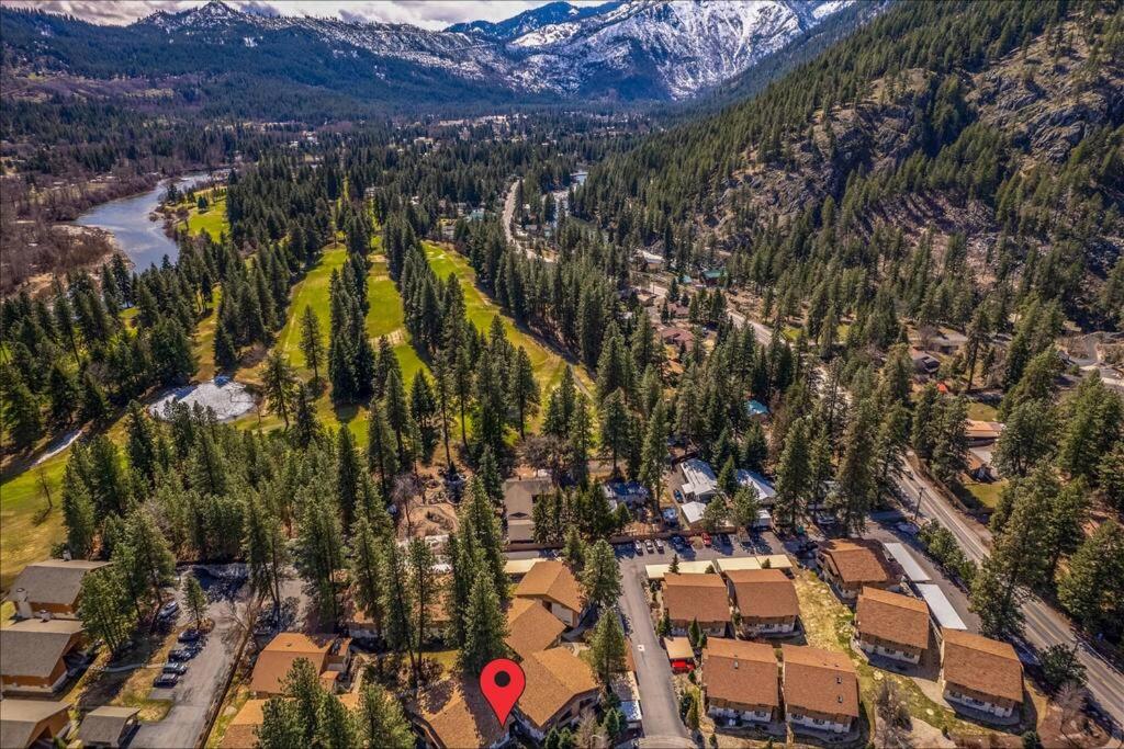 an aerial view of a village in the mountains at Alpine Oasis in Leavenworth