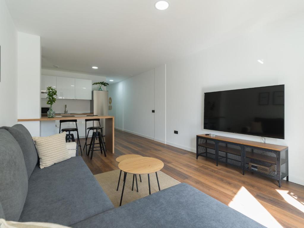 ein Wohnzimmer mit einem grauen Sofa und einem TV in der Unterkunft Radiant Beach Accommodation in Guanarteme