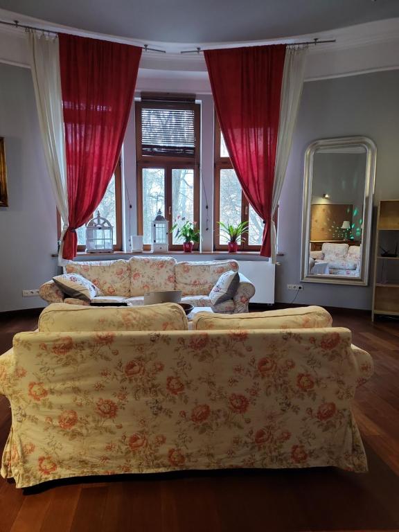 uma sala de estar com um sofá e uma grande janela em Charlotte Apartment em Tarnów