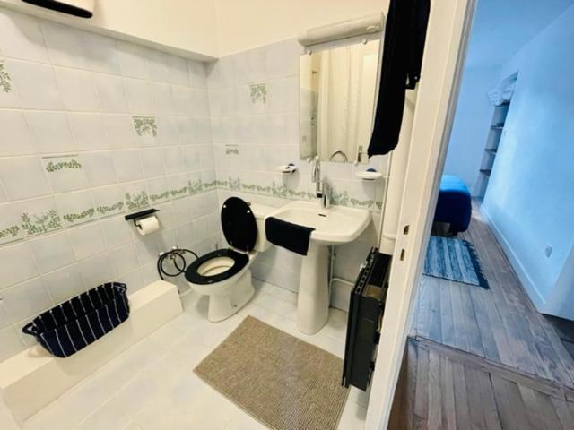 a white bathroom with a toilet and a sink at Appartement Petit Messier in Senones