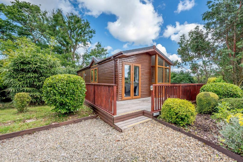 a tiny house in a garden with bushes at Bay Tree Lodge 02 in Narberth