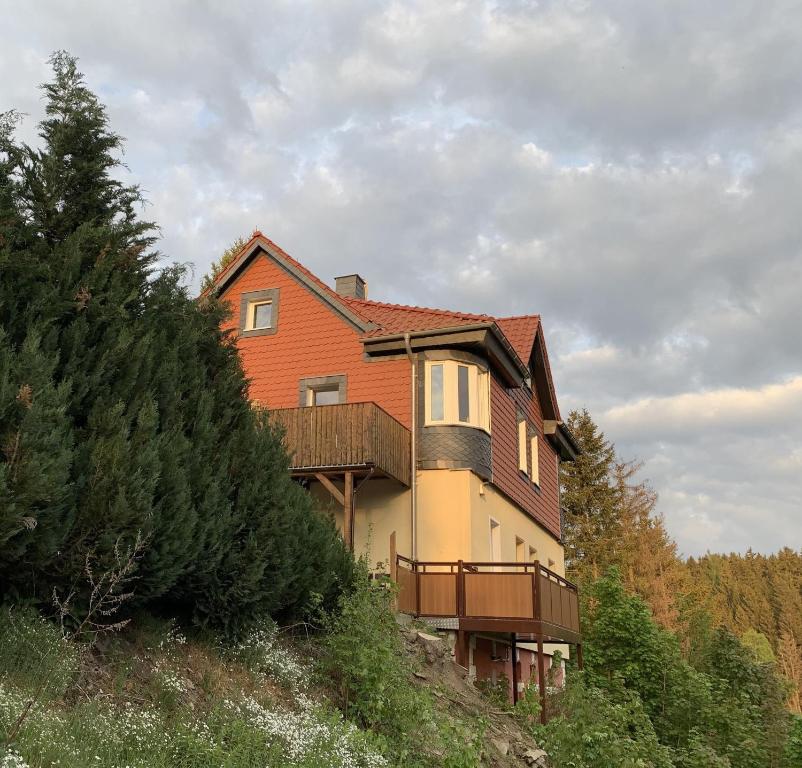 ein Haus an der Seite eines Hügels in der Unterkunft FaFeWo Ferienwohnungen mit Sternekomfort in Tanne Harz in Tanne
