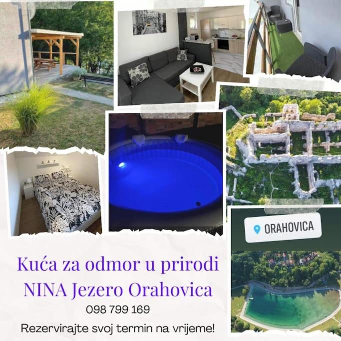 un collage de fotos de una casa con piscina en Kuća za odmor u prirodi NINA Jezero Orahovica, en Duzluk