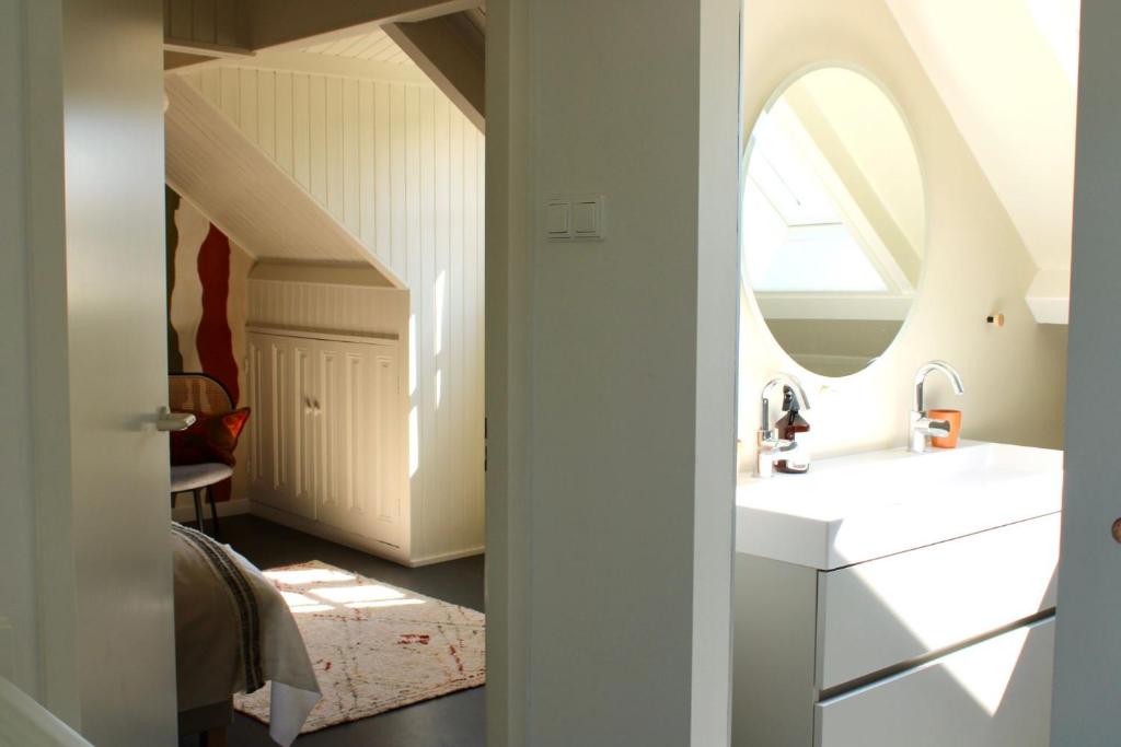 een badkamer met een wastafel en een spiegel bij Slapen bie Wisse in Kamperland