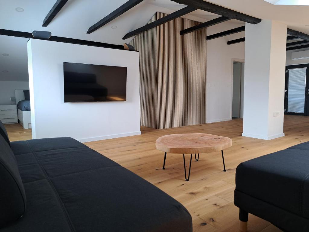 a living room with a couch and a coffee table at GAMSI Apartment in Ljubljana