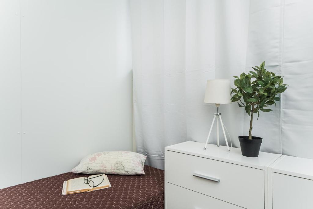 a bedroom with a plant and a lamp on a dresser at Kalniečių st 126A Kaunas Students Home LT in Kaunas