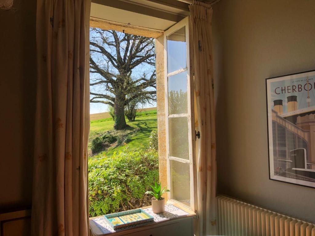 a window with a view of a tree in a field at Maison Lamothe in Flamarens