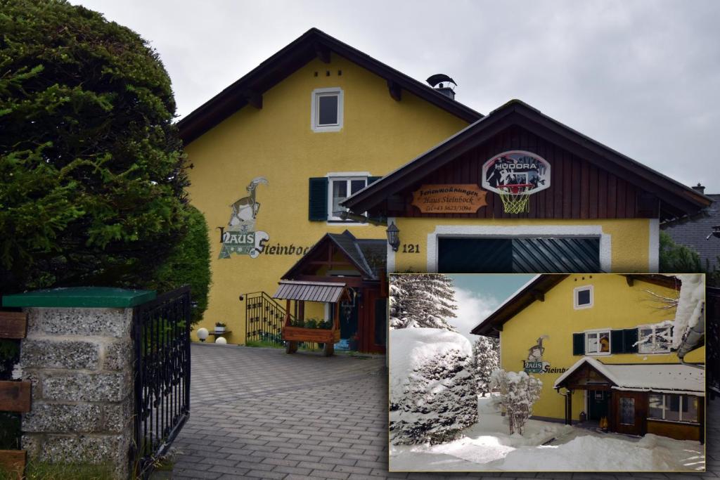 two pictures of a yellow building with snow on it at Apartments Haus Steinbock in Tauplitz