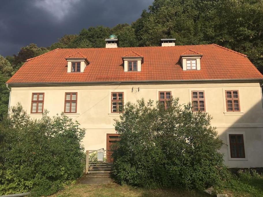 una gran casa blanca con techo rojo en Apt. overlooking the castle Nižbor20km from Prague, en Nižbor