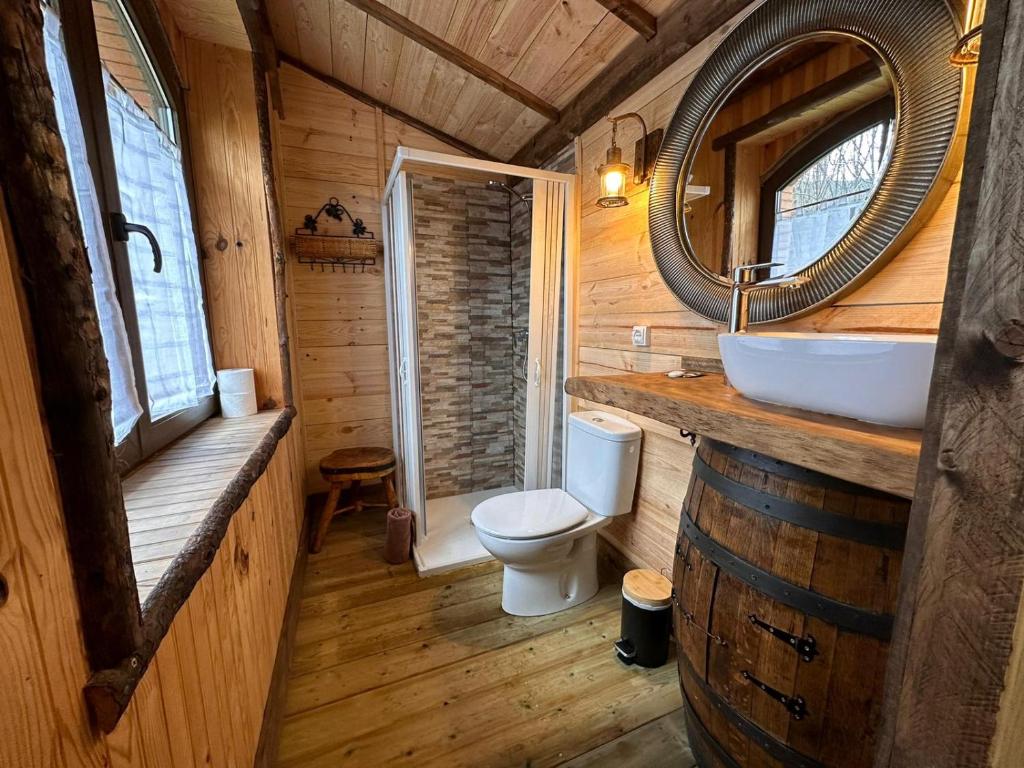 Un baño con inodoro, lavabo y espejo. en La Posada Cercedilla, en Cercedilla
