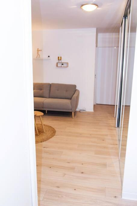 a living room with a couch and a wooden floor at APPARTEMENT COSY Balcon à 30min de PARIS in Cergy