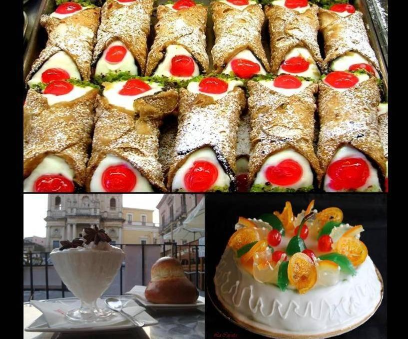 een collage van vier foto's van een taart met fruit erop bij Casa Vicolo del Poeta Acireale in Acireale
