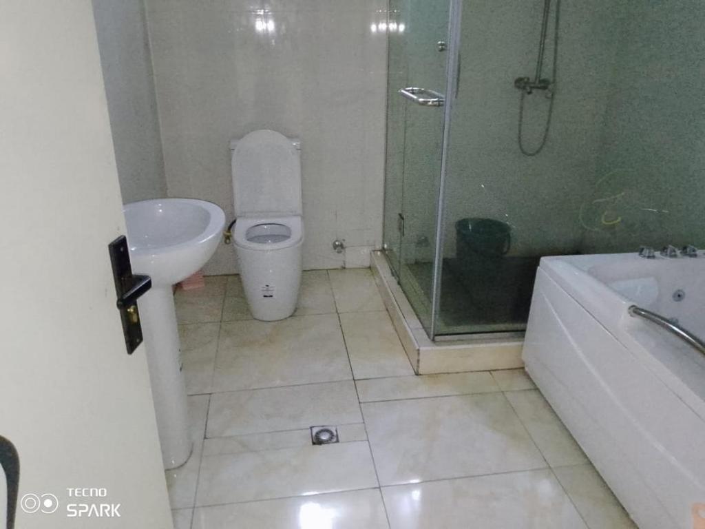 y baño con ducha, aseo y lavamanos. en Jilles apartments -4bedroomduplex24hrlight&security, en Lekki