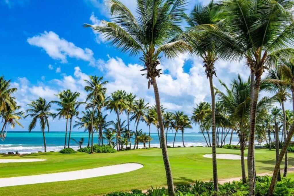 a view of a golf course with palm trees and the ocean at KASA Rio Mar Villa for 2 in Rio Grande