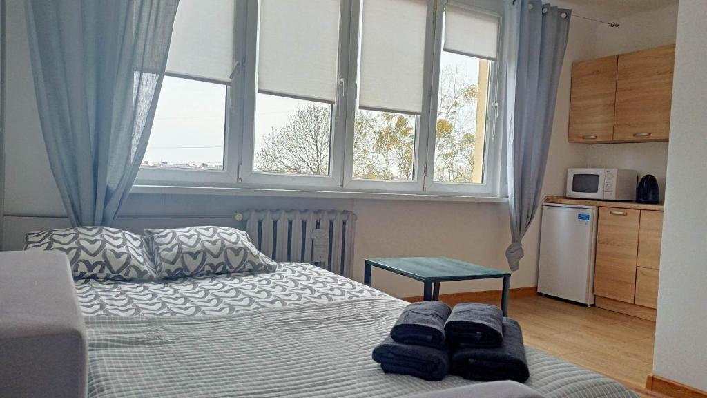 ein Schlafzimmer mit 2 Betten und eine Küche mit Fenstern in der Unterkunft Apartament 41 in Częstochowa