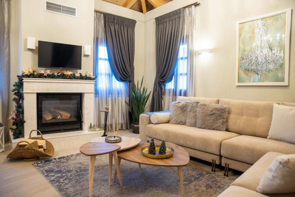 a living room with a couch and a fireplace at Casacaldametsovo in Metsovo