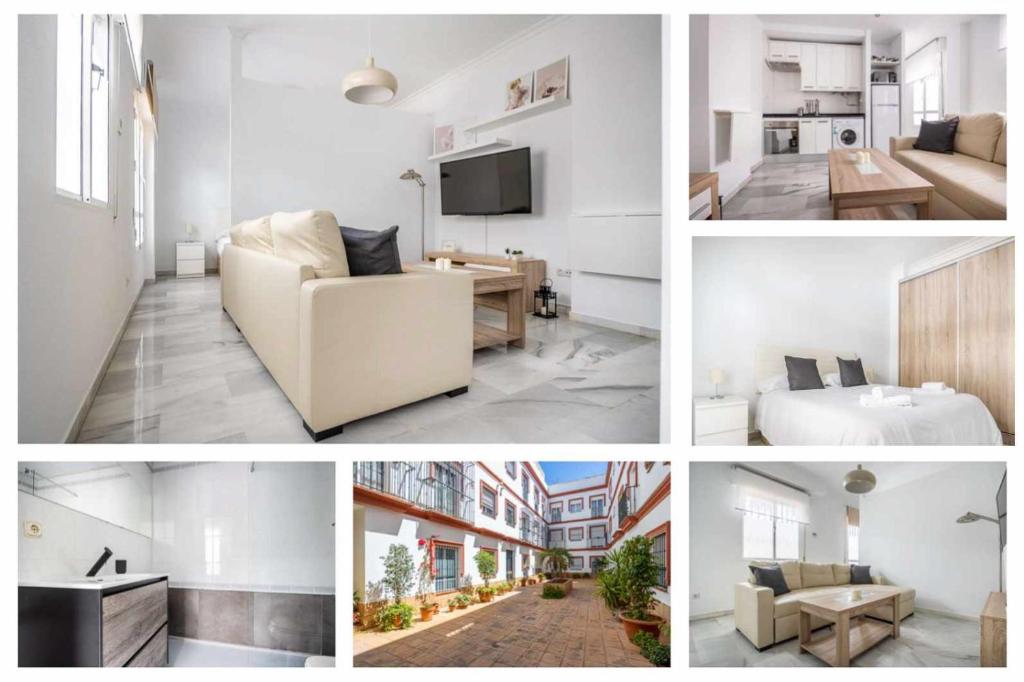 kolaż zdjęć salonu i sypialni w obiekcie COMFY AWAY - Apartamento Deluxe Centro Histórico w Sewilli