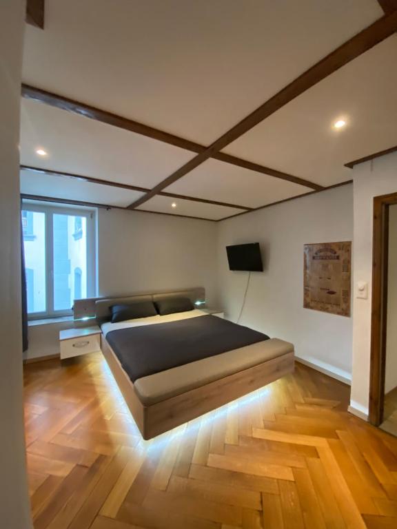 1 dormitorio con 1 cama y TV en Cathédrale Saint-Nicolas Bnb, en Fribourg