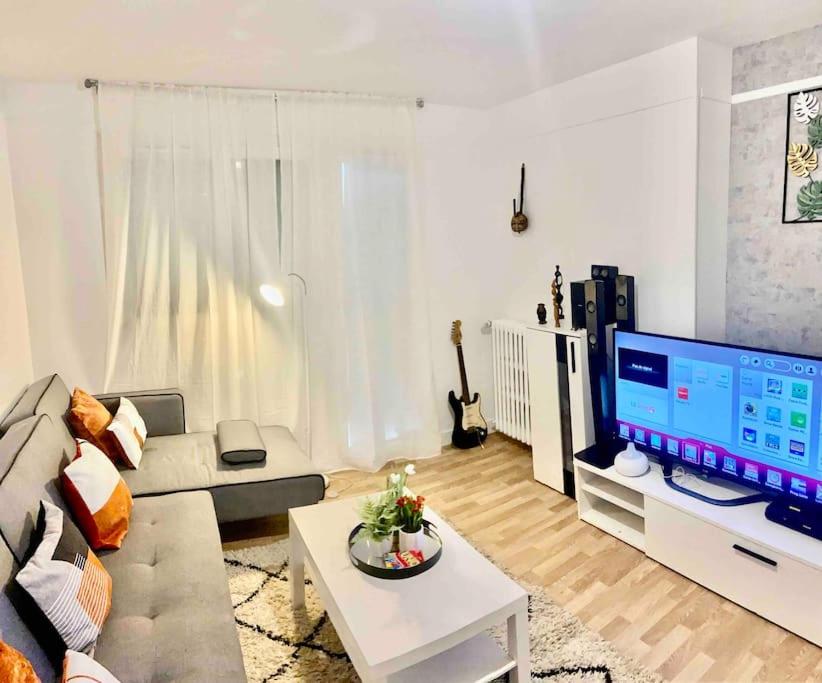 a living room with a couch and a flat screen tv at Bel Appart Alfortville -Quai Seine - 5mn de Paris in Alfortville