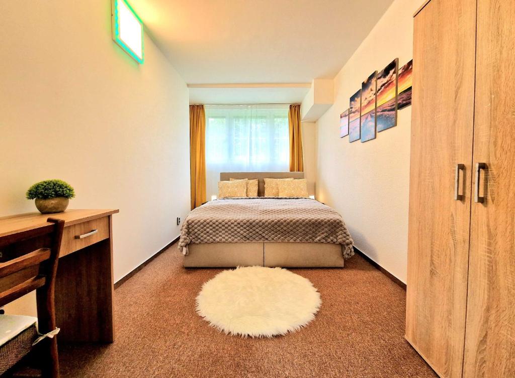 Schlafzimmer mit einem Bett, einem Fenster und einem Teppich in der Unterkunft Wellness Gold apartment with Private SAUNA & JACUZZI in Prag