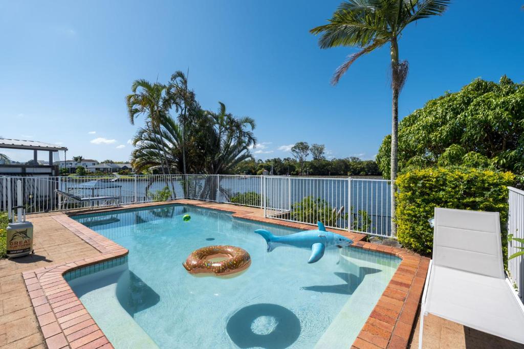 a swimming pool with a dolphin in the middle at Panarama Waterview! Waterfront Luxury Holiday Heave in GC in Gold Coast