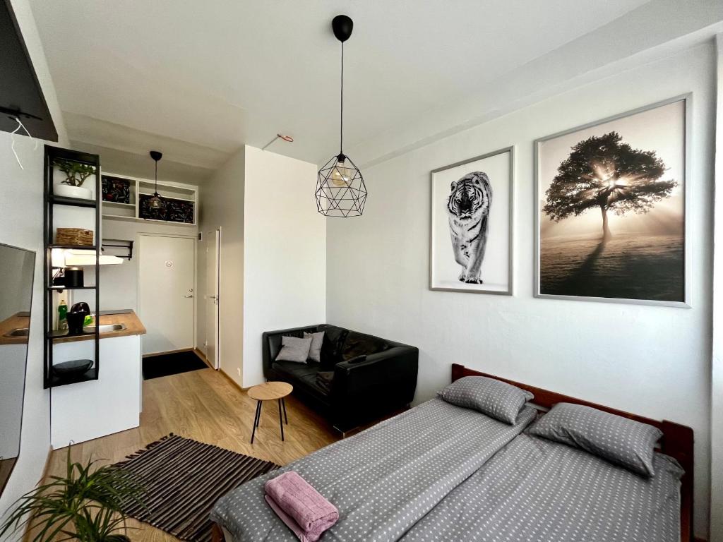 1 dormitorio con 1 cama y 1 silla en Savi Apartment 4, en Pärnu