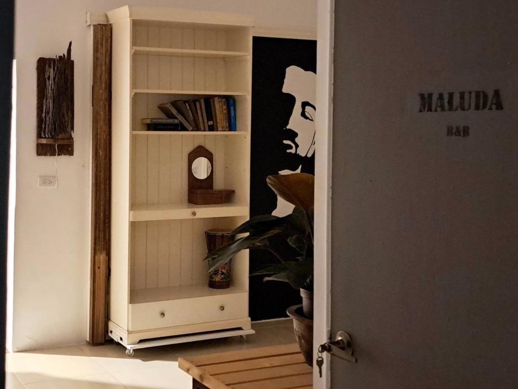 una habitación con una estantería de libros con una foto de una mujer en Maluda B&B, en Taimali