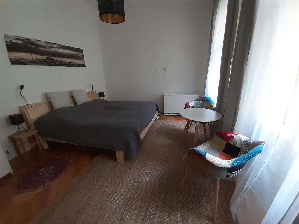 een slaapkamer met een bed, een tafel en een stoel bij Soukromý pokoj v srdci Prahy in Praag