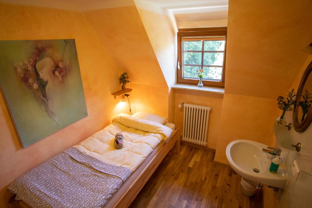 Hotel & Tagungszentrum Schloss Hohenfels في Hohenfels: غرفة صغيرة بها سرير ومغسلة