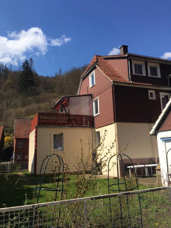 dom, który siedzi na podwórku w obiekcie Haus am Fluss mit wunderschöner Dachterrasse mit Flussblick ,Garten und Grill w mieście Zorge