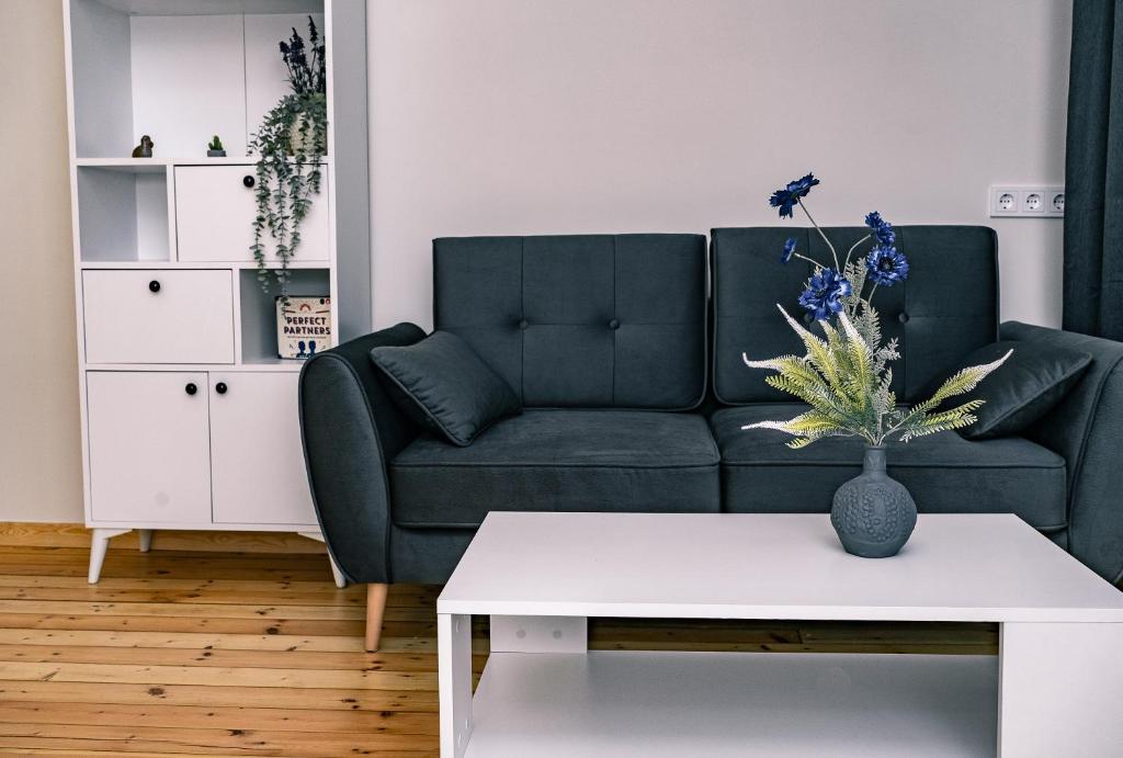 a living room with a couch and a table at Vilnius Centrum Apartment in Vilnius