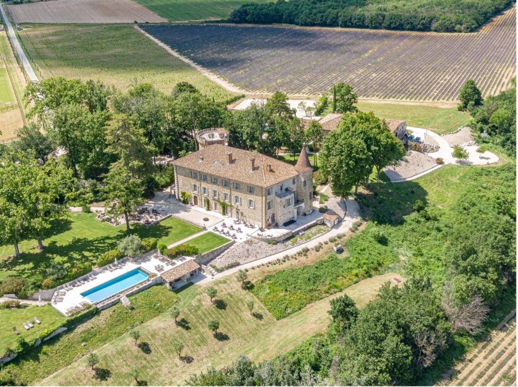 an aerial view of a large house with a swimming pool at Château Les Oliviers de Salettes in Charols