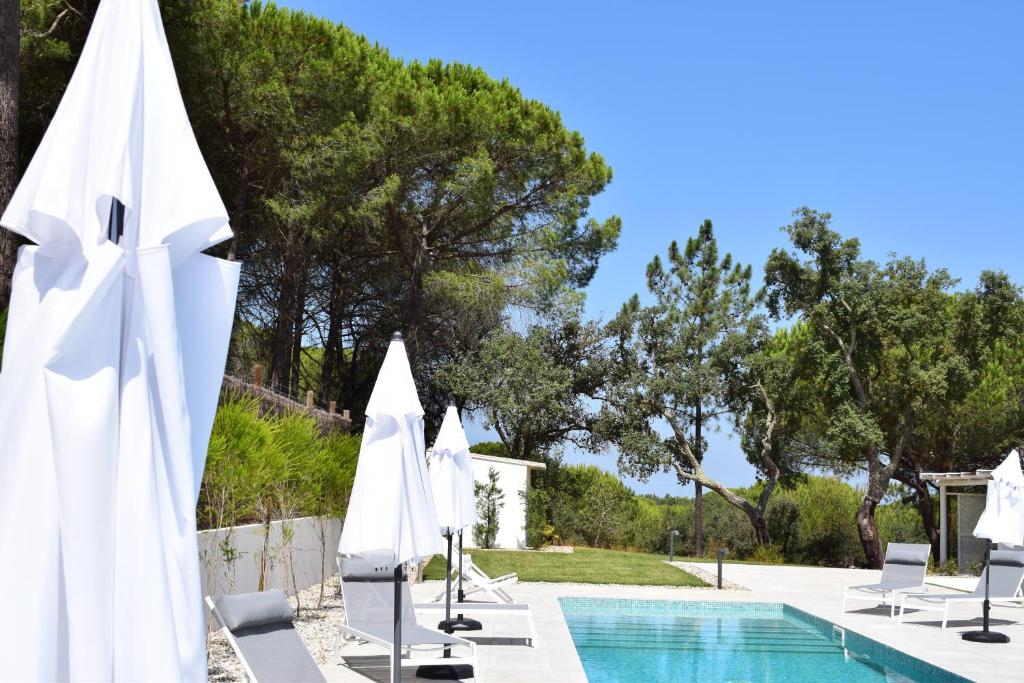 梅里戴斯的住宿－À Espera - Turismo Rural,Melides，游泳池旁的游泳池配有白色遮阳伞和椅子