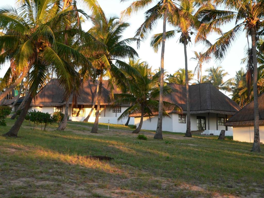 a group of palm trees in front of a house at Blue Moon Beach Holiday Resort in Inhambane