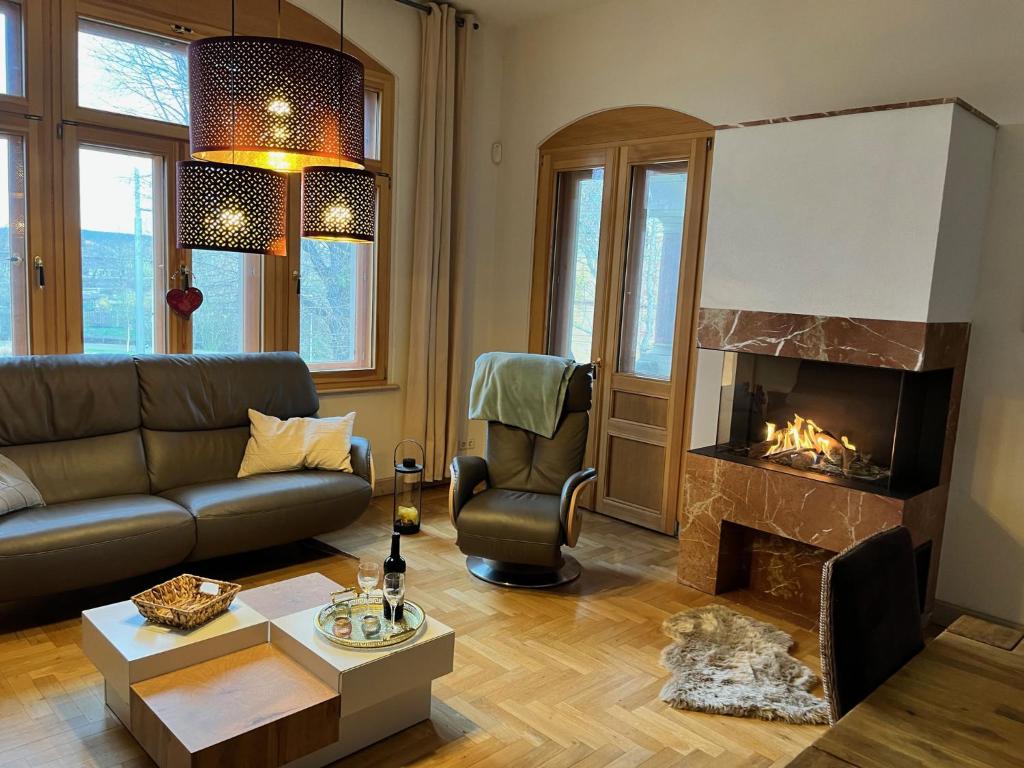a living room with a couch and a fireplace at Apartment Villa am Großen Garten by Interhome in Dresden