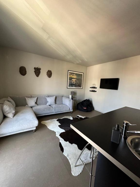 uma sala de estar com um sofá e um tapete de vaca em Luxury Guest House La Depandance em Benevento
