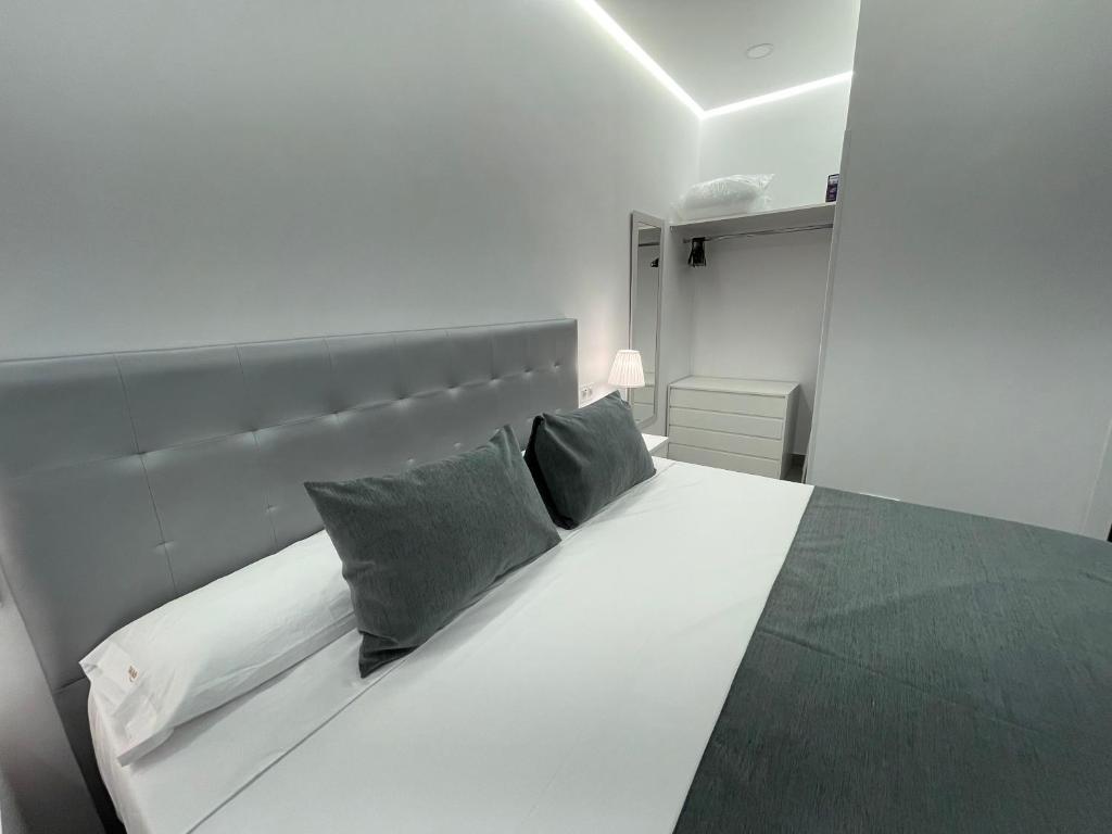 1 dormitorio con 1 cama blanca y 2 almohadas en SUARA Apartamentos 3, en Madrid