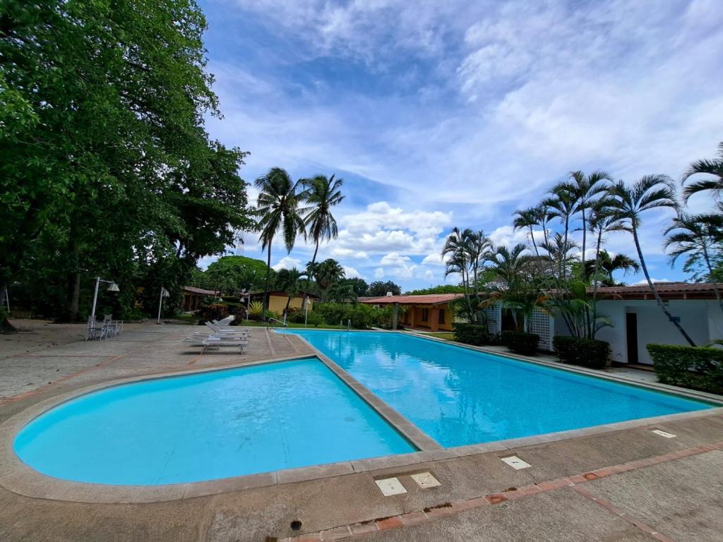 uma grande piscina num quintal com palmeiras em Hotel Las Espuelas, Bar & Restaurant em Liberia