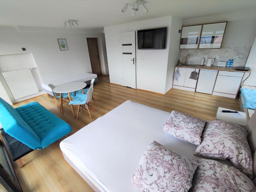 a living room with a couch and a table at Apartamenty Monterska in Bielsko-Biała
