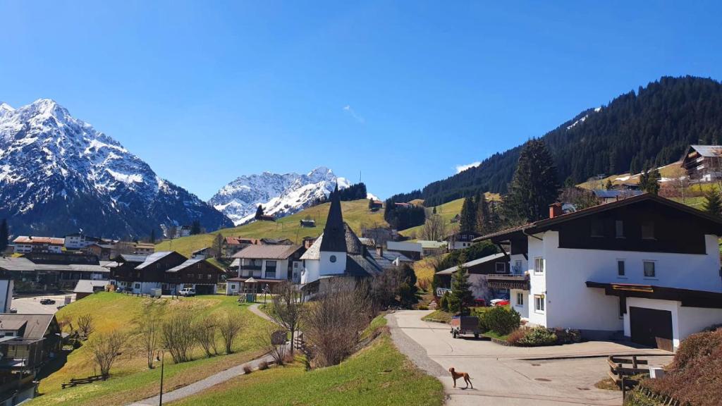 una pequeña ciudad con montañas en el fondo en Bergjuwel Kleinwalsertal, en Hirschegg