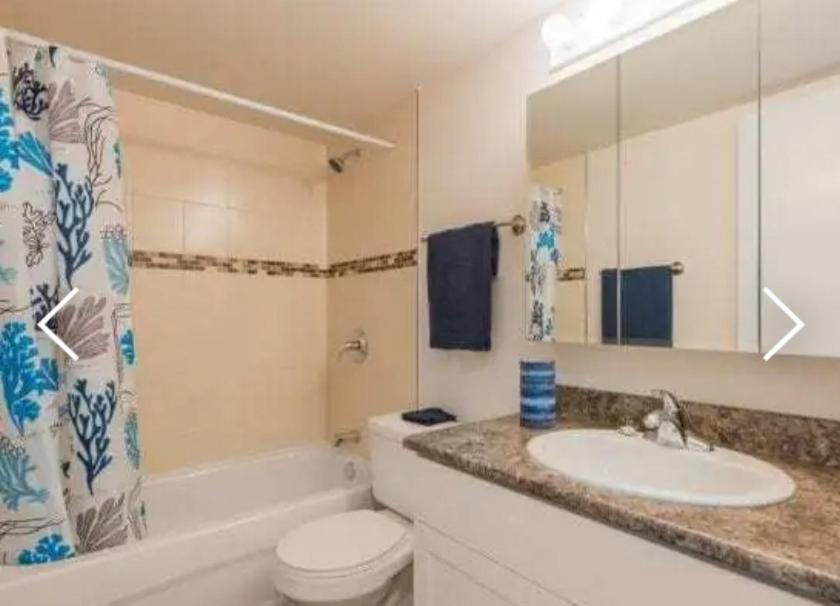 uma casa de banho com um lavatório, um WC e um espelho. em West Edmon. Mall = Room em Edmonton