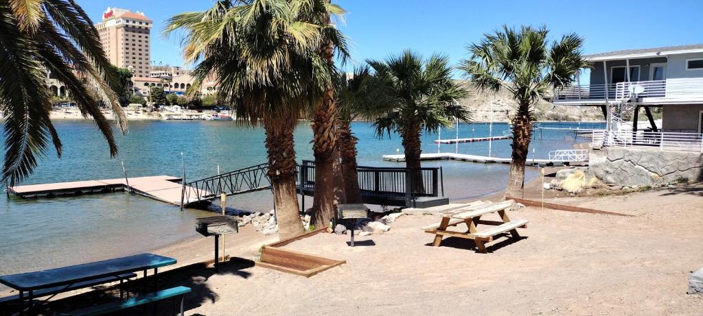 a picnic table and benches on a beach with palm trees at River view Lazy Casa in Bullhead City