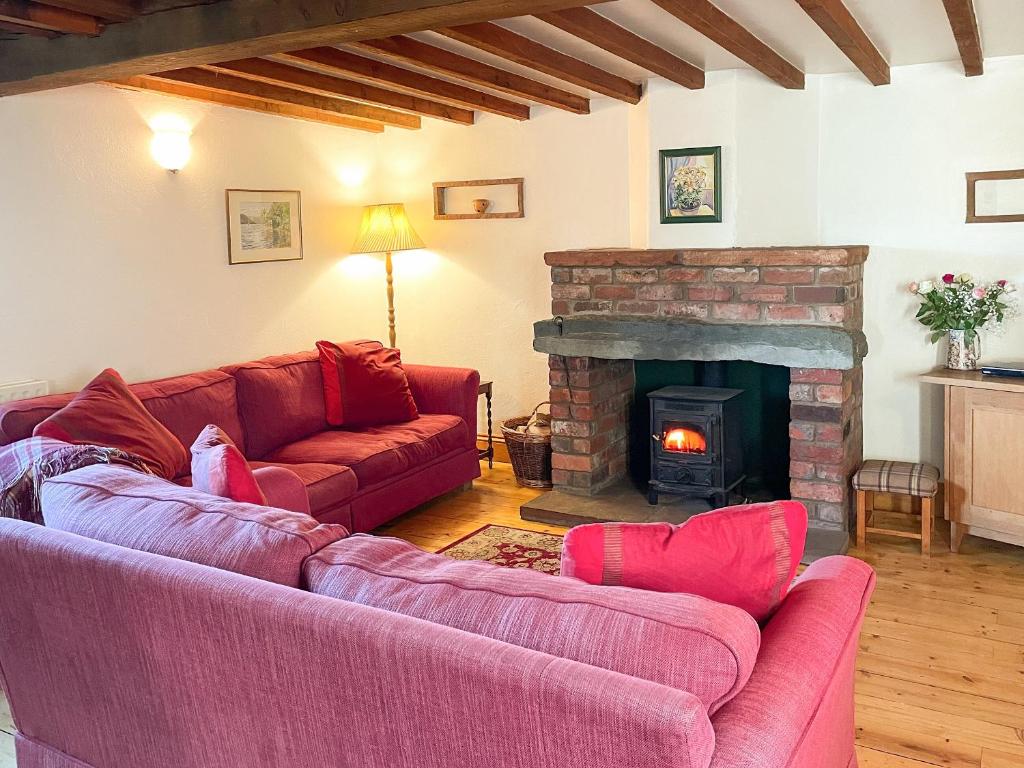 a living room with two couches and a fireplace at Mill Moor - B6064 in Pooley Bridge