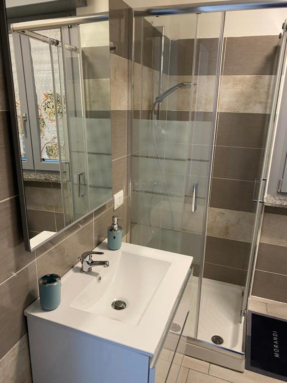 y baño con lavabo y ducha. en Adua apartments ospedale clinica Santa Rita, en Vercelli